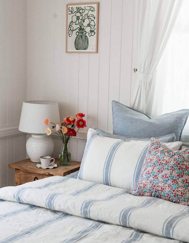 French Blue Ticking Stripe Linen Duvet Cover Set - Linen Bedding