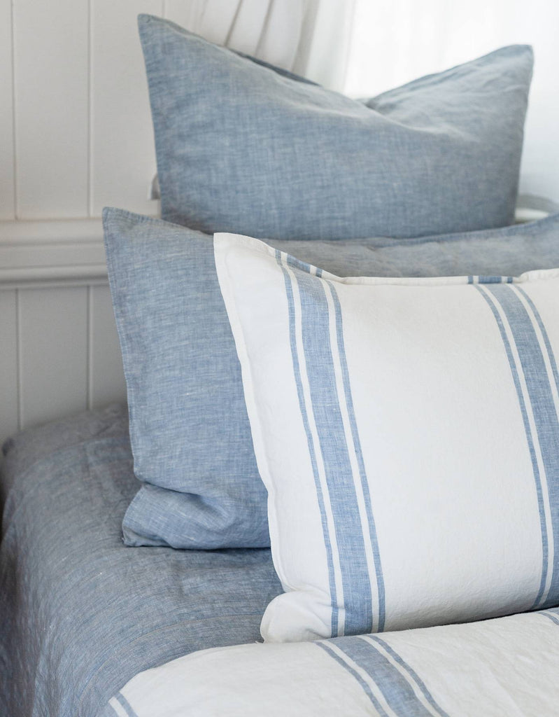 Pillowcase Set - French Blue Ticking Stripe Yarn Dyed  Linen