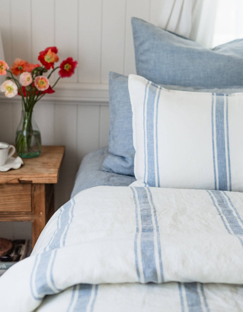 French Blue Ticking Stripe Linen Duvet Cover Set - Linen Bedding
