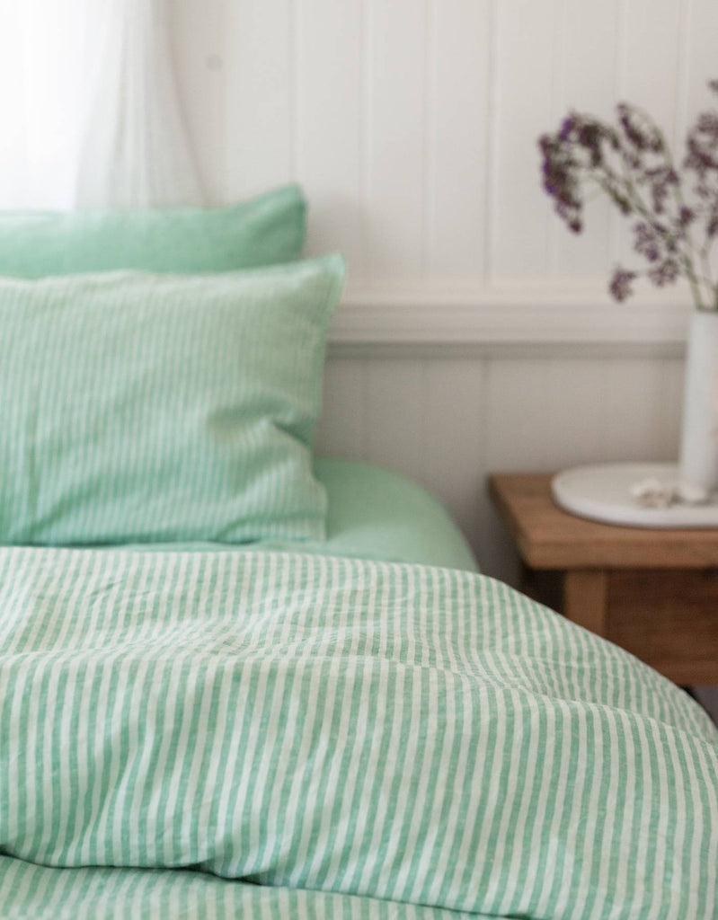 Sea Green Stripe Linen Duvet Cover Set - Single to Super King