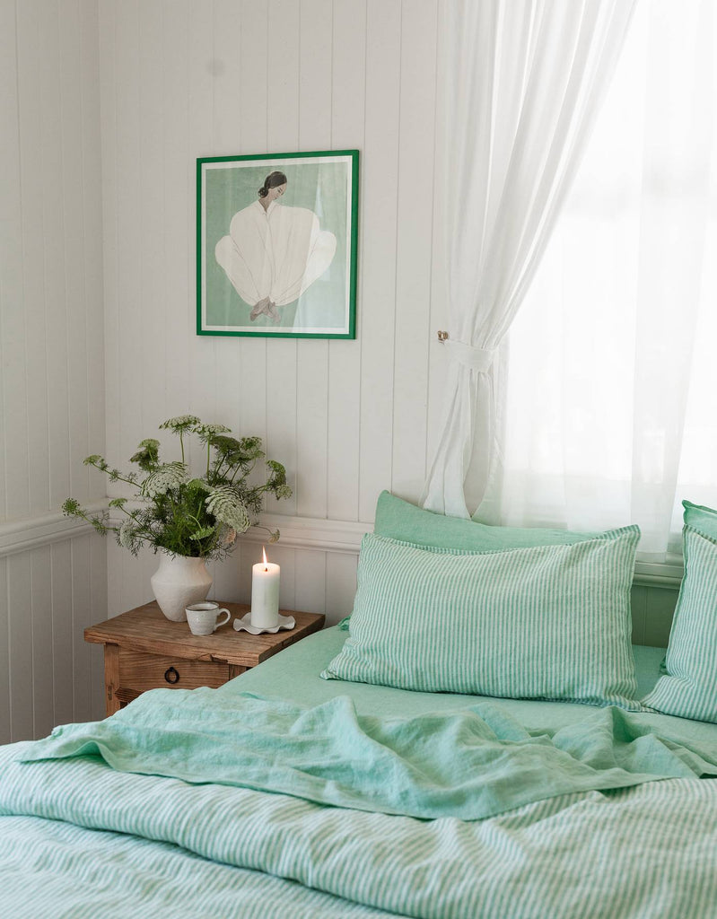 Sea Green Stripe Linen Duvet Cover Set - Single to Super King