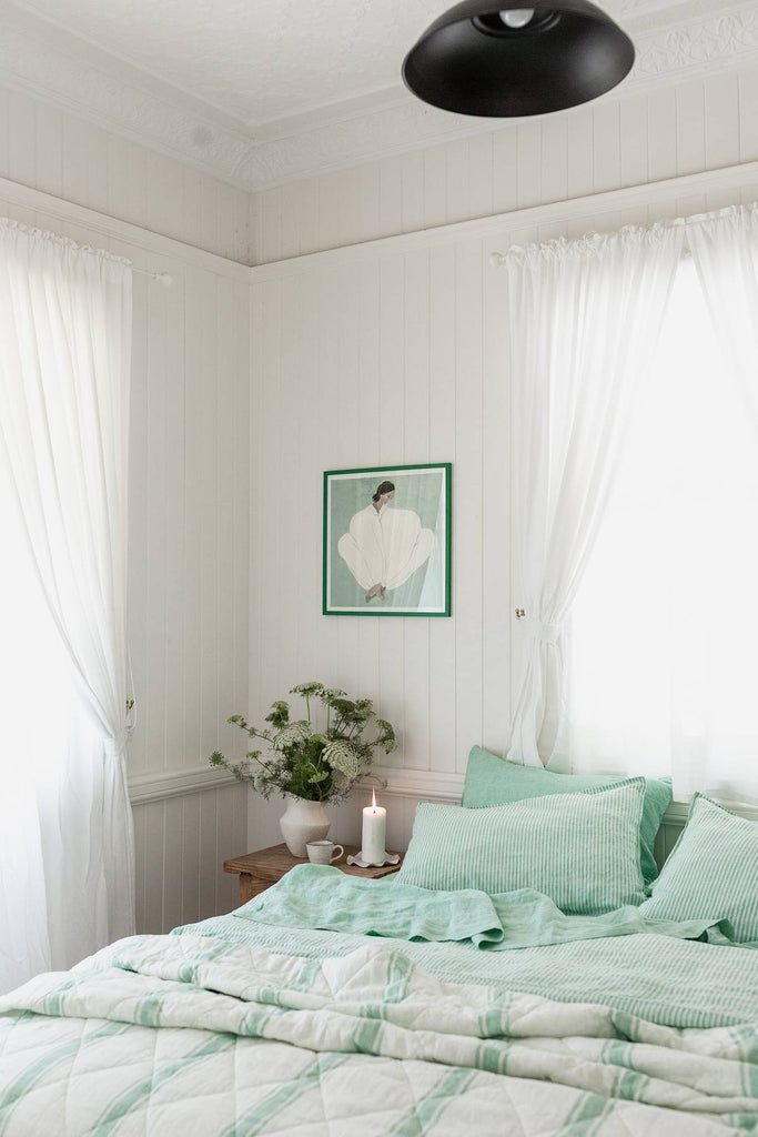 Reversible Quilt - Sea Green Ticking Stripe Yarn Dyed Bed Linen