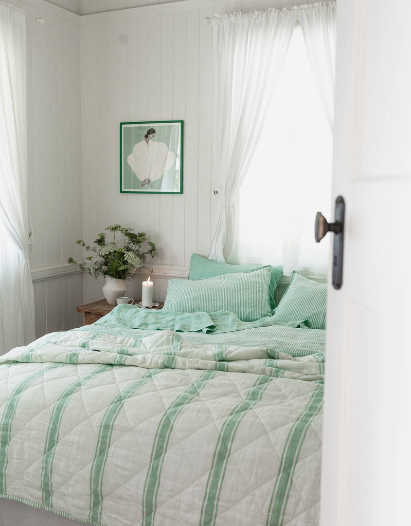 Reversible Quilt - Sea Green Ticking Stripe Yarn Dyed Bed Linen