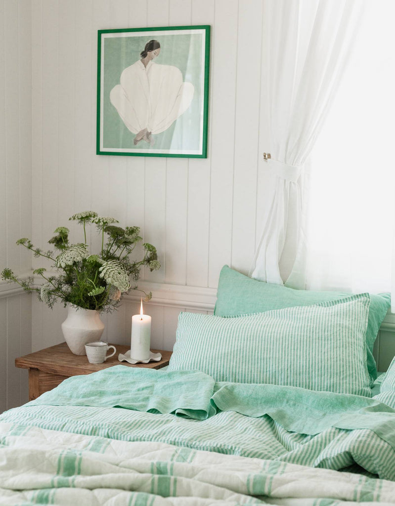 Sea Green Stripe Linen Duvet Cover Set - Single to Super King