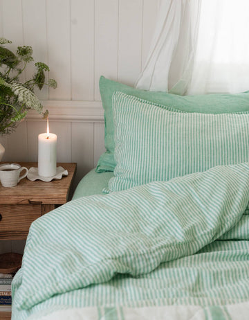 Sea Green Stripe Linen Duvet Cover Set - Single to Super King