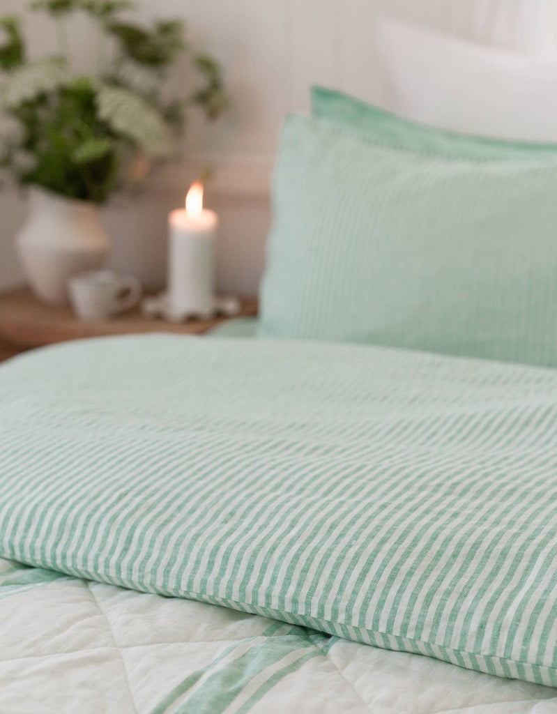 Sea Green Stripe Linen Duvet Cover Set - Single to Super King