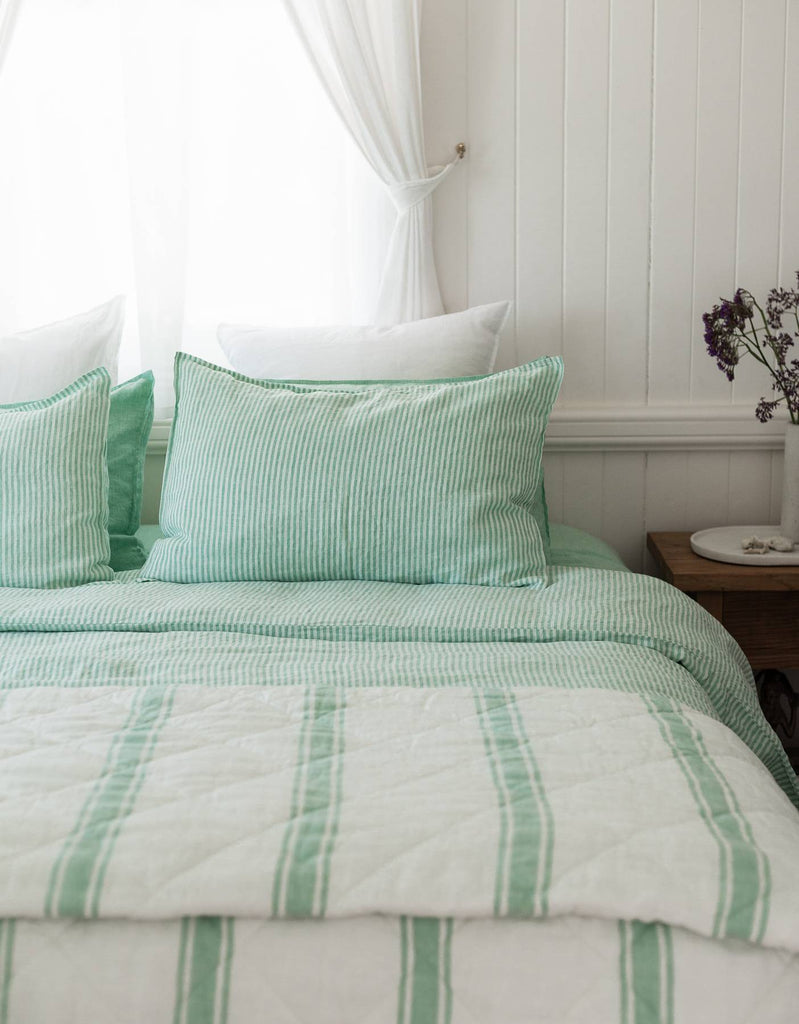 Reversible Quilt - Sea Green Ticking Stripe Yarn Dyed Bed Linen