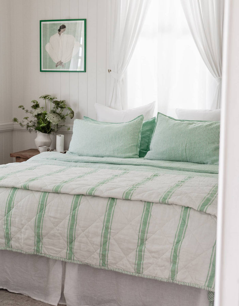 Reversible Quilt - Sea Green Ticking Stripe Yarn Dyed Bed Linen