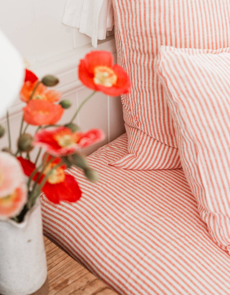  Fitted Sheet - Red Coral Thin Stripe – Linen Bedding