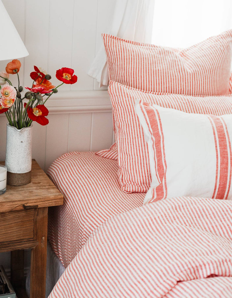  Fitted Sheet - Red Coral Thin Stripe – Linen Bedding