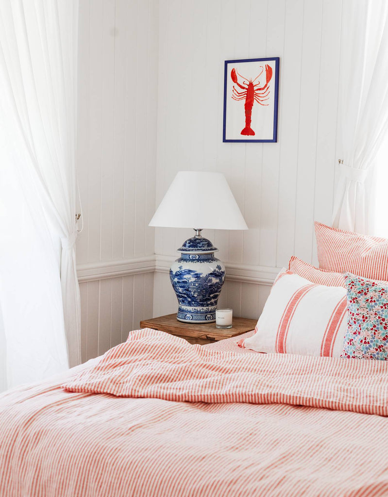 Red Coral Stripe Linen Duvet Cover Set - Single to Super King