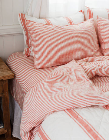 Red Coral Stripe Linen Duvet Cover Set - Single to Super King