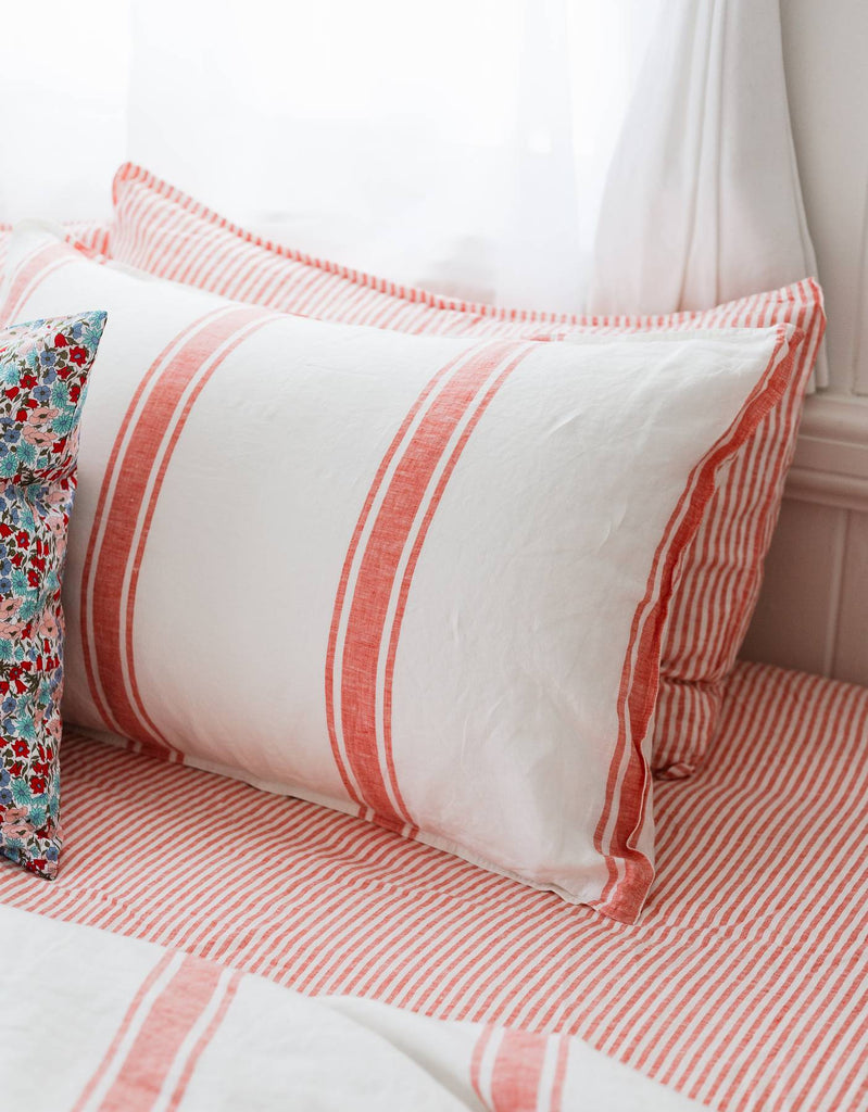 Red Coral Ticking Stripe Linen Duvet Cover Set - Single to Super King