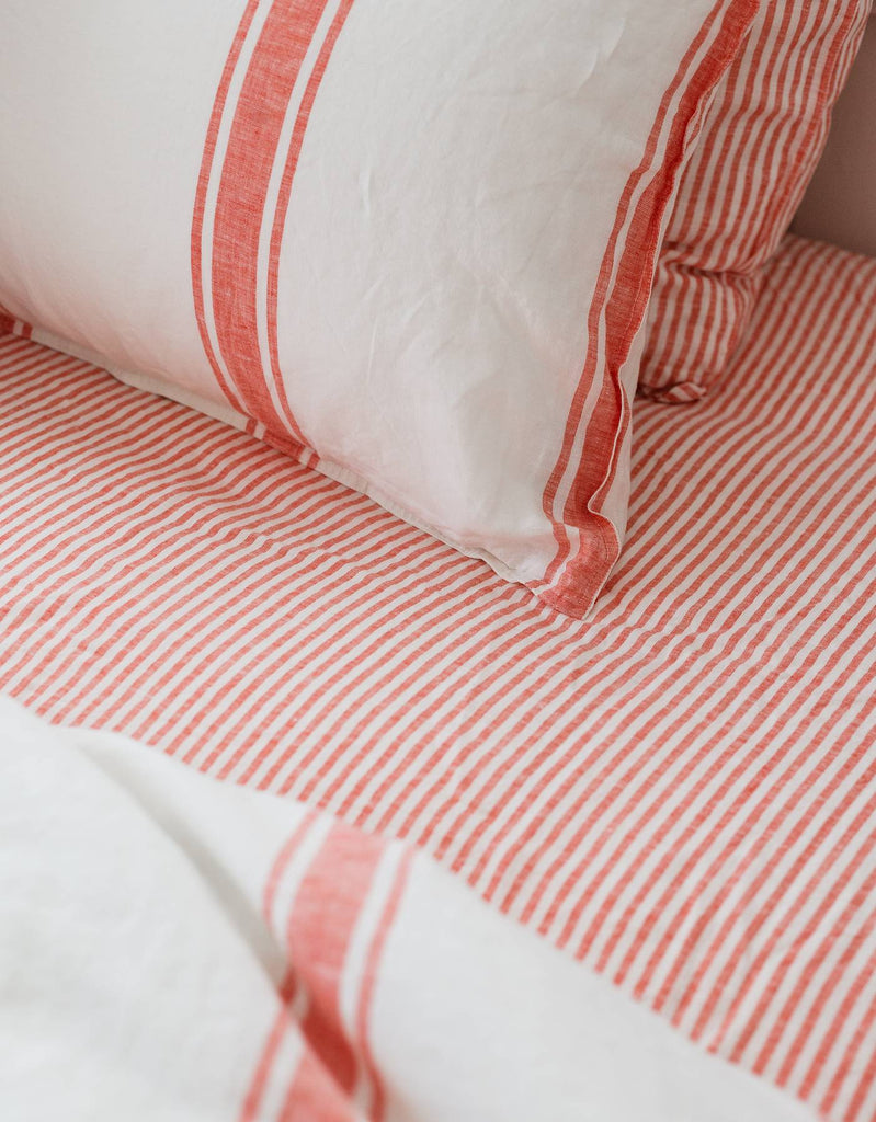  Fitted Sheet - Red Coral Thin Stripe – Linen Bedding