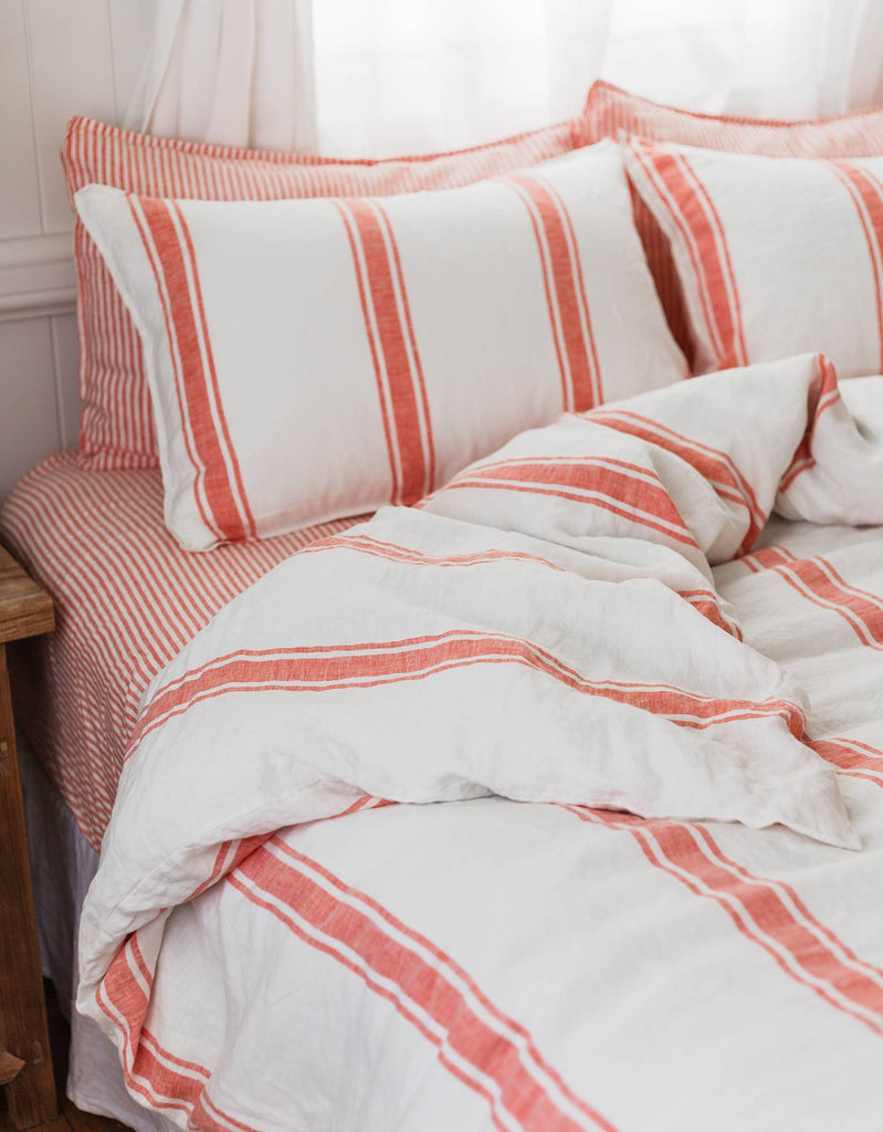 Red Coral Ticking Stripe Linen Duvet Cover Set - Single to Super King