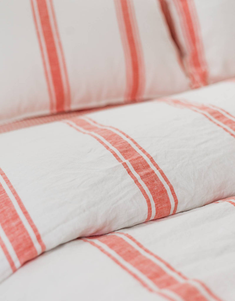 Red Coral Ticking Stripe Linen Duvet Cover Set - Single to Super King