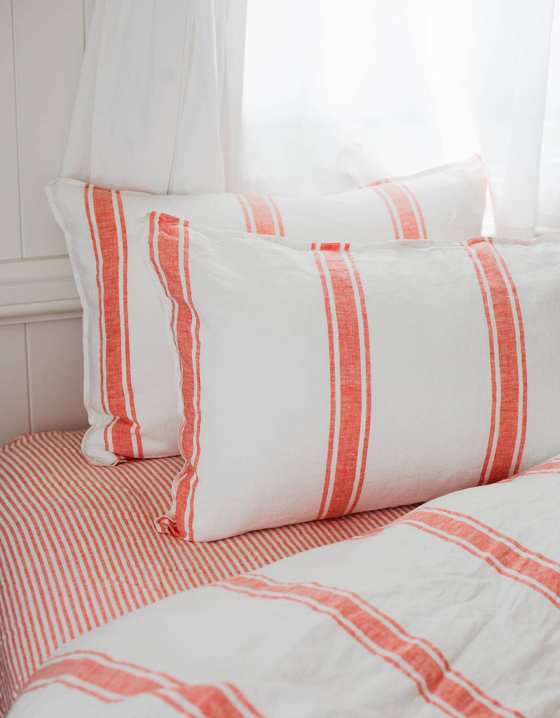 Red Coral Ticking Stripe Linen Duvet Cover Set - Single to Super King