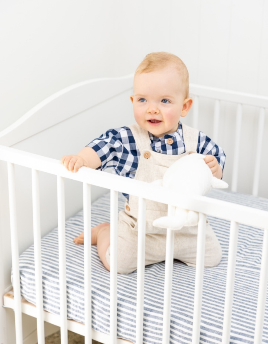 Indigo Stripe Fitted Cot Sheet Linen Bedding for Babies