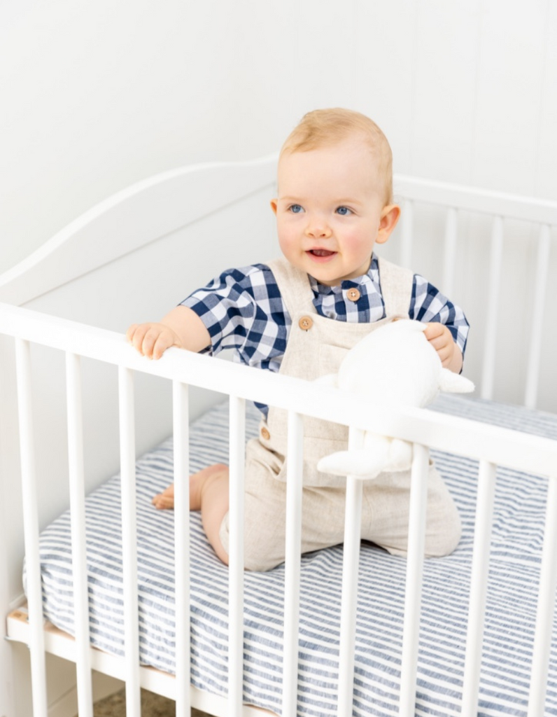 Indigo Stripe Linen Fitted Cot Sheet from Salt Living 