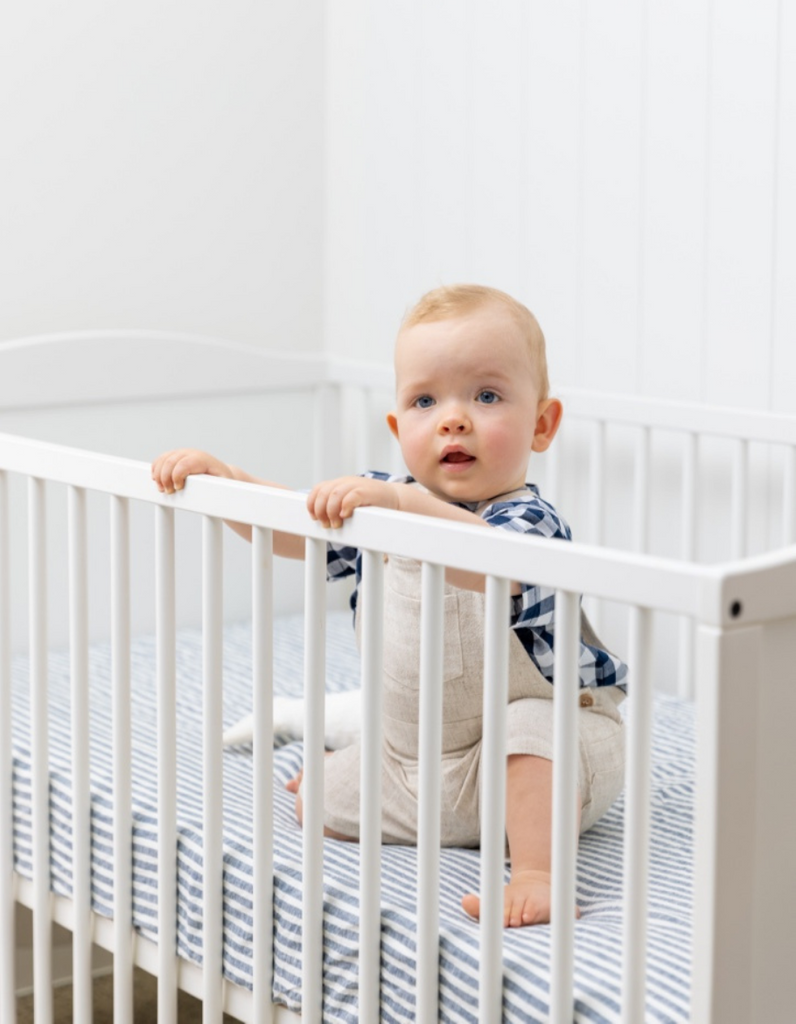 Indigo Stripe Linen Fitted Cot Sheet from Salt Living 