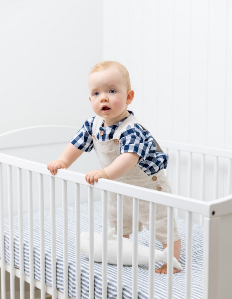 Indigo Stripe Linen Fitted Cot Sheet from Salt Living 