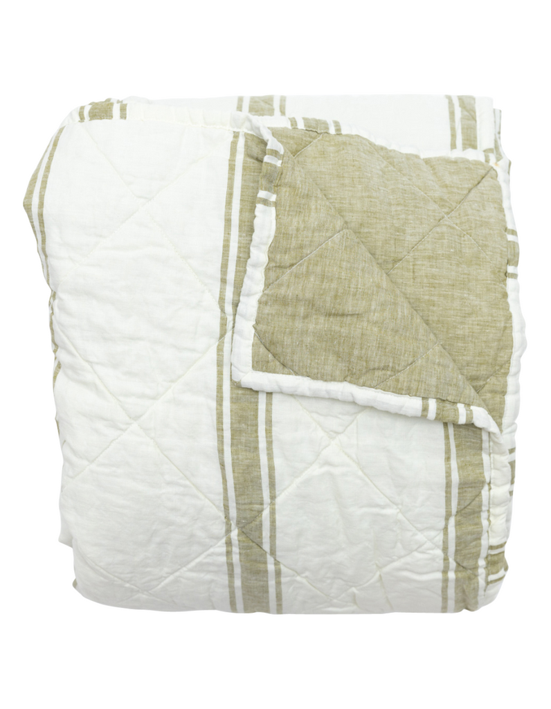  Linen Cot Quilt - Kelp Yarn Dyed Ticking Stripe