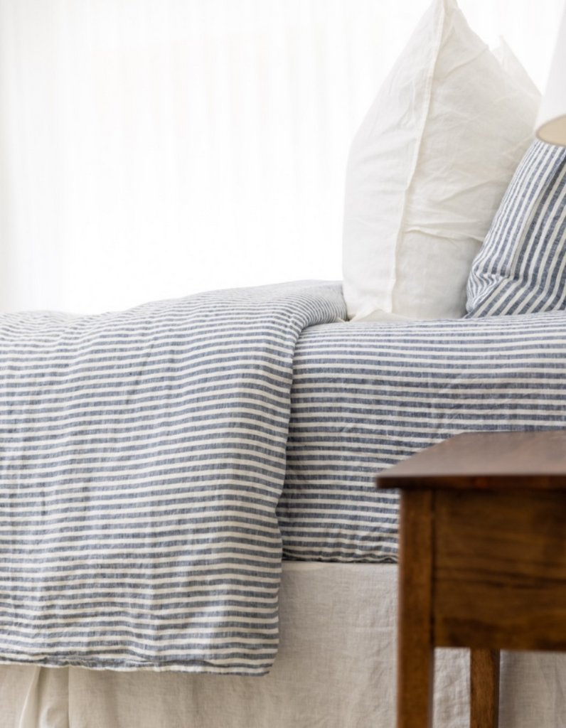 100% Linen Sheet Set from Salt Living | Linen Sheets and Linen Pillowcases in Indigo Stripe