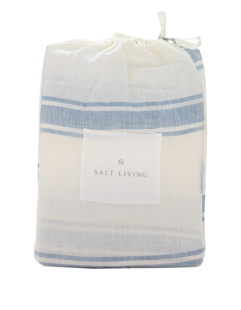  Linen Fitted Cot Sheet - French Blue Ticking Stripe