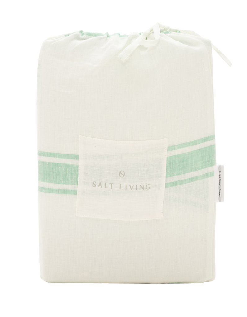 Sea Green Ticking Stripe Linen Fitted Cot Sheet by Salt Living