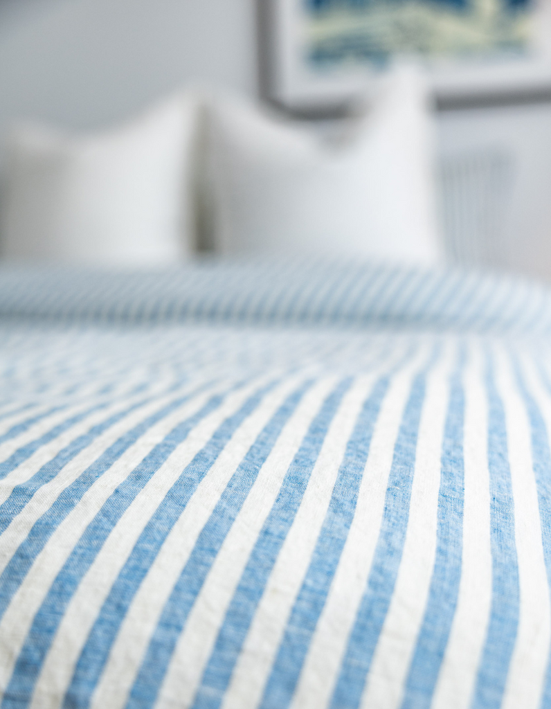 100% Linen Quilt Cover Set in Blue and White Stripe Linen