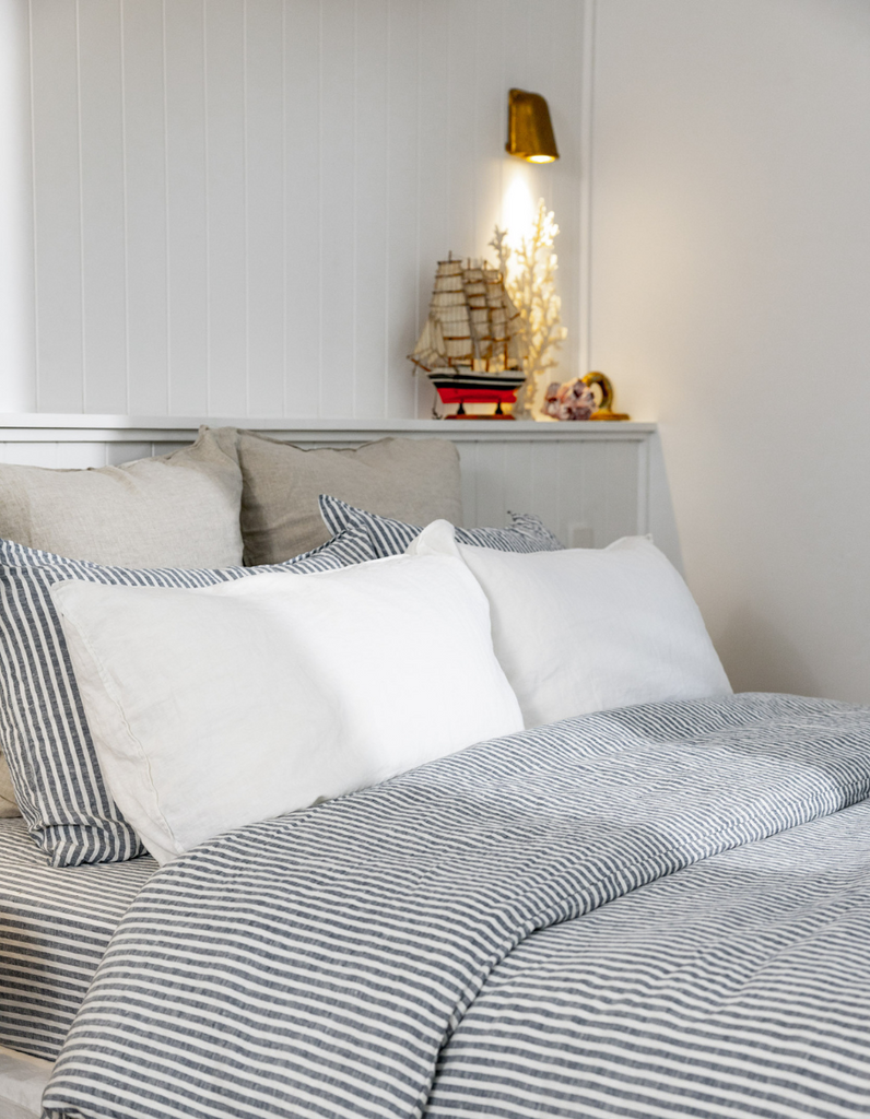 100% Linen Duvet Cover Set in Indigo Stripe Linen
