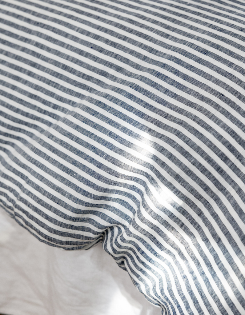 100% Linen Duvet Cover Set in Indigo Stripe Linen