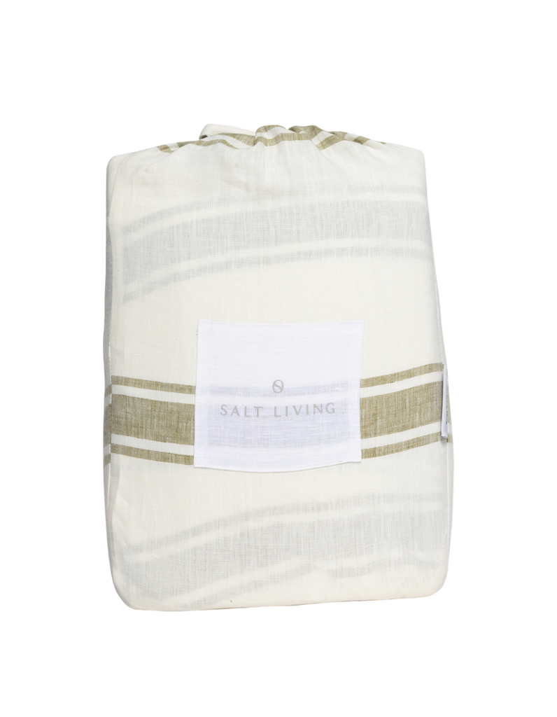 French Flax Linen Flat Sheet -  Kelp Green Ticking Stripe
