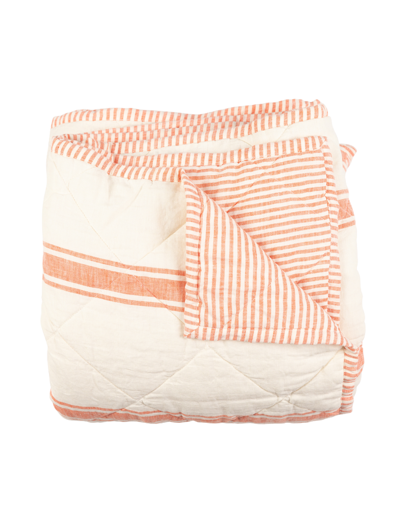 Reversible Linen Cot Quilt - Red Coral Ticking Stripe Yarn Dyed. 
