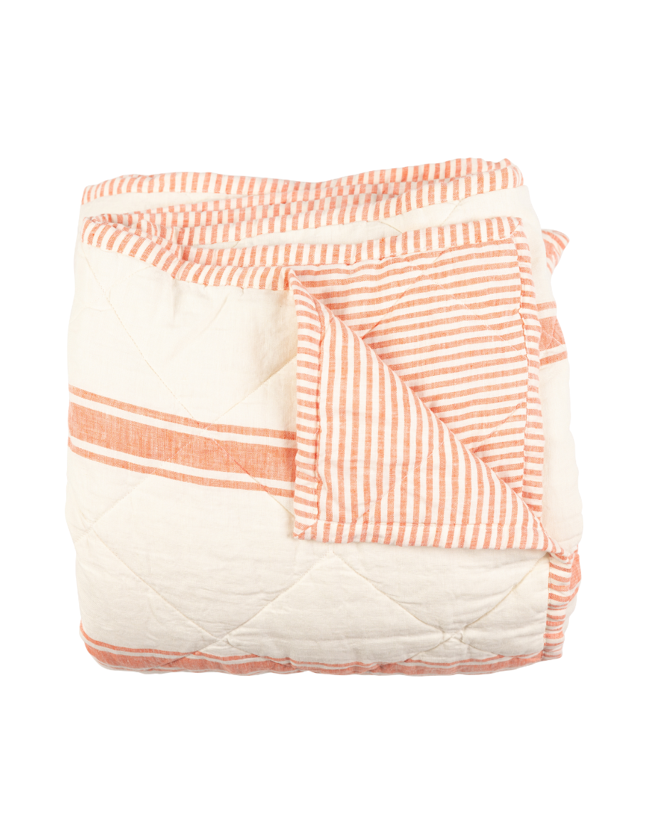 Reversible Cot Quilt Red Coral Ticking Stripe Linen Bedding