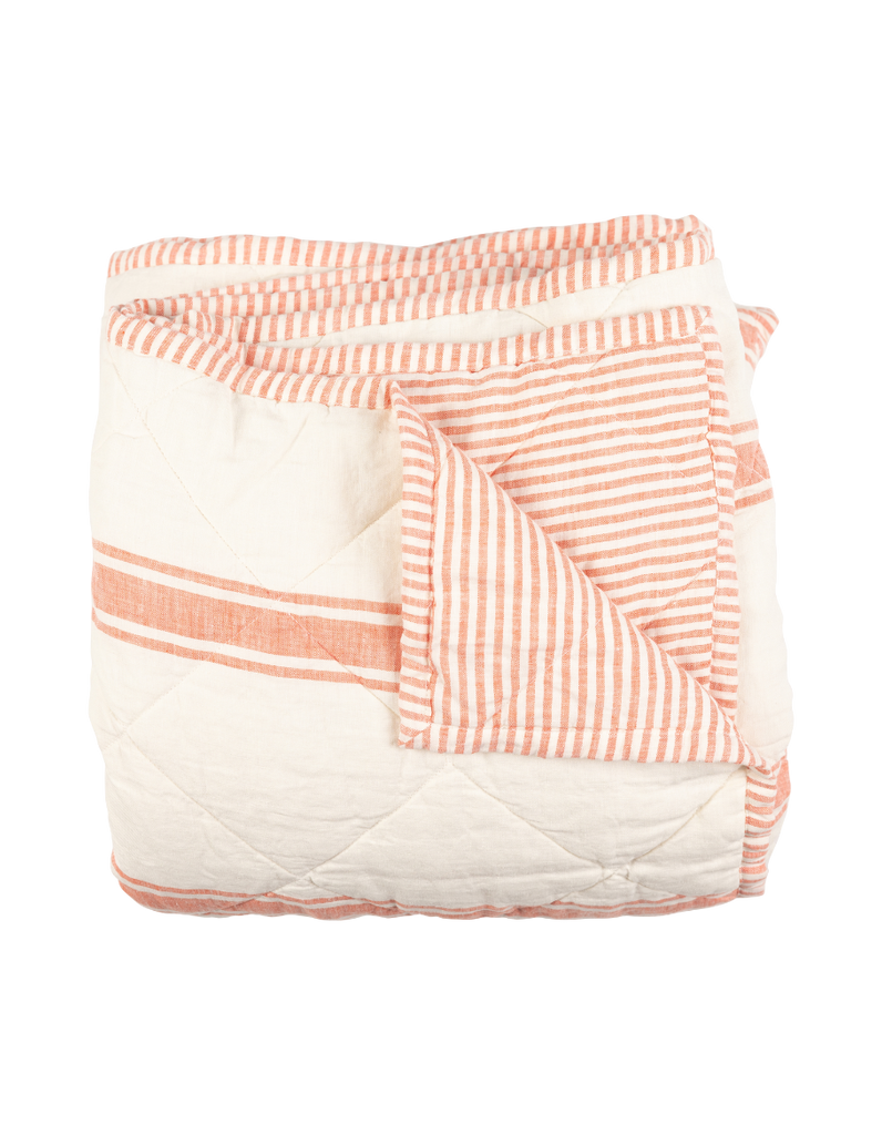 Reversible Linen Quilt - Red Coral Ticking Stripe