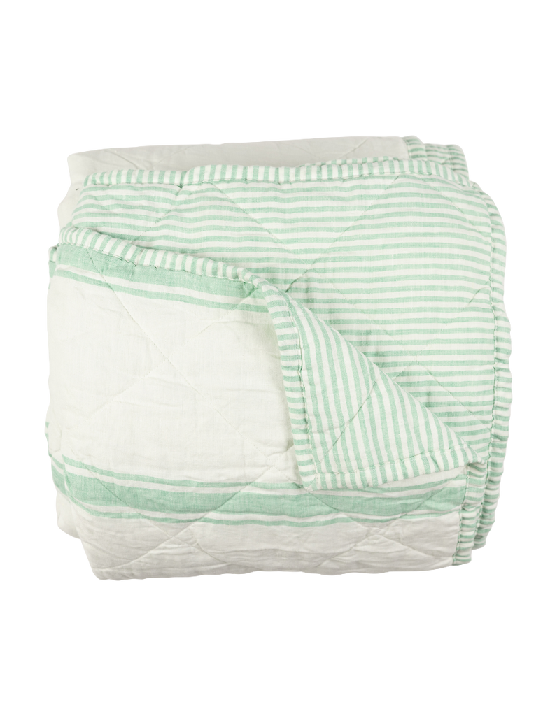 Reversible Linen Cot Quilt - Sea Green Yarn Dyed Ticking Stripe