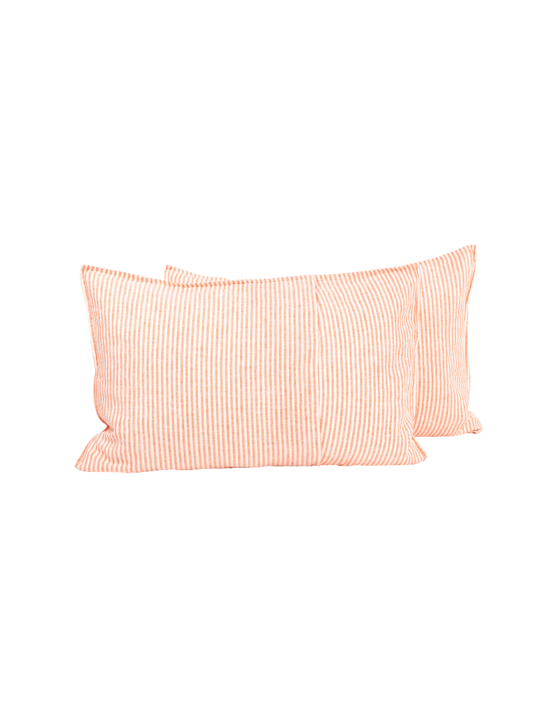 Linen Pillowcase Set - Red Coral Thin Stripe