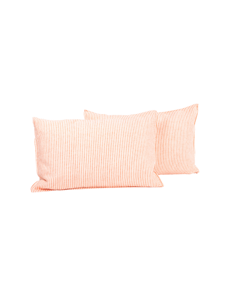 Linen Pillowcase Set - Red Coral Thin Stripe