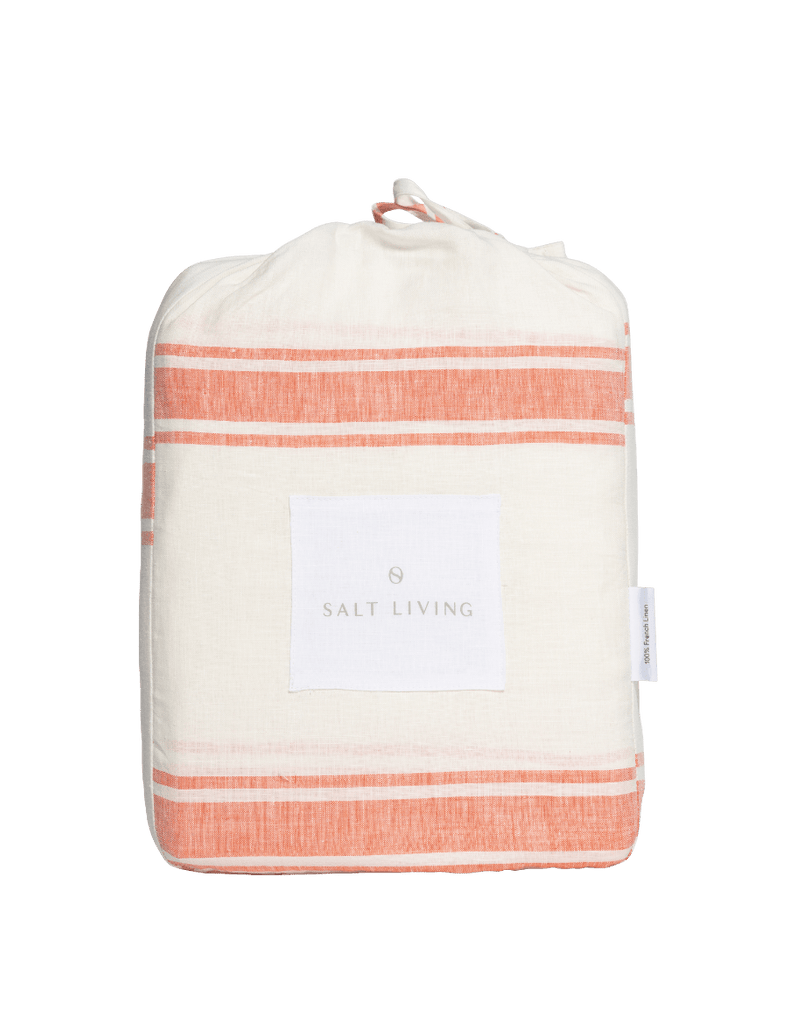 Linen Fitted Sheet - Red Coral Ticking Stripe - Salt Living